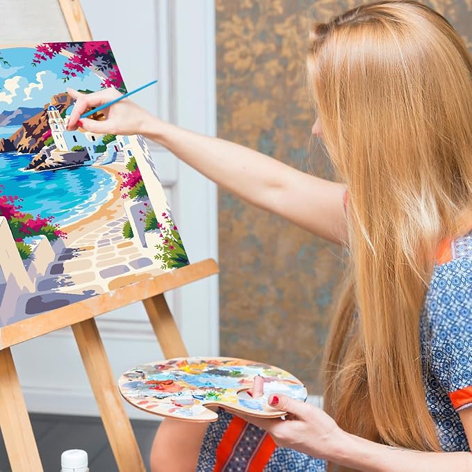 Mrnsiet Paint by Number for Adults Beginners, Easy Seaside Town Paint by Numbers Kits on Canvas, DIY Coastal City Oil Painting Kits Adults' Paint-by-Number Kits for Home Wall Decor 16x20 Inch
