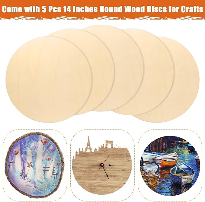 5Pcs 14 Inch Wood Circles for Crafts, Unfinished Blank Wooden Rounds Slice Wooden Cutouts for DIY Crafts, Door Hanger,Wood Buring, Painting