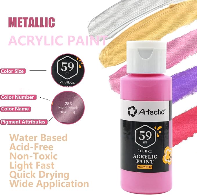 Artecho 12 Metallic Colors Acrylic Paint 59ml / 2oz Bottle | Semi Glossy Finish, High Pigment Rich Color Craft Paint for Canvas, Rocks, Wood, Fabric, Ceramic, Non-Toxic