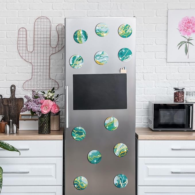Zonon 12 Diamond Art Fridge Magnets, Teal Marble Refrigerator Magnet | Boho Decorative for Kitchen Whiteboard Locker Office, Housewarming Gift, Teal Marble Resin Painting Craft Style