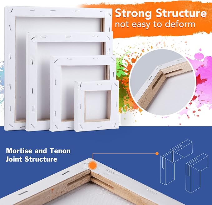 Stretched Canvases for Painting, 8PCS Multi Pack Square Canvas 4×4”, 6×6”, 8×8”, 10×10”(2 of Each), Acid-Free Wood Frame Blank Canvas, Art Canvas Pre Primed for Acrylic, Oil Painting, Tempera.