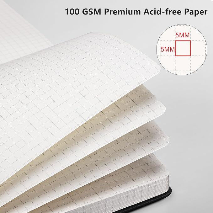 RETTACY Graph Grid Paper Notebook, 192 Pages, A5 Size (5.7'' x 8.3'') | 5 Squares per Inch, Leather Hardcover, 100 GSM Thick Paper, for School, Students, Math, Engineering (Rose gold)