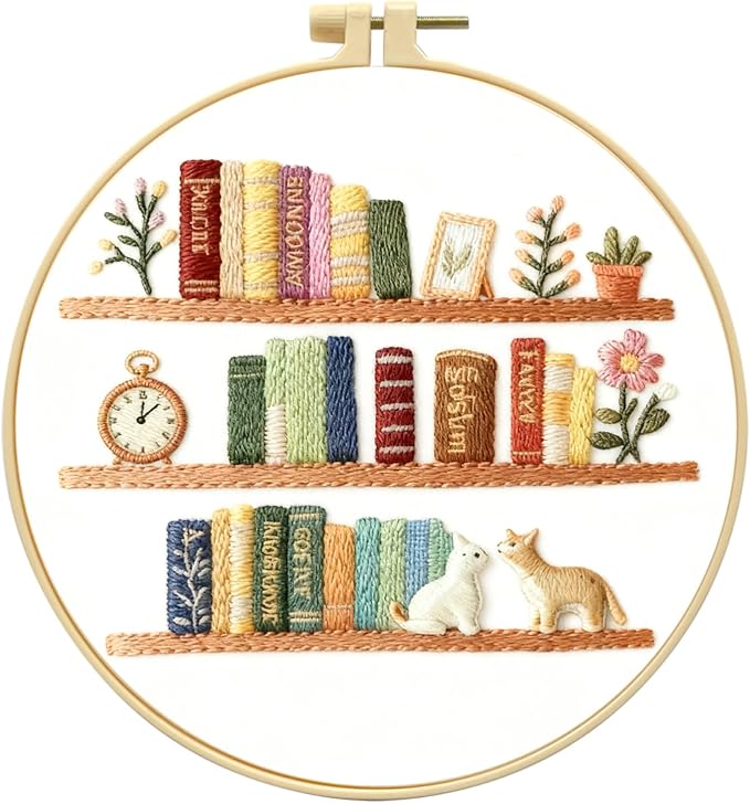 Zhenqing Book Lover Embroidery Kit for Beginners, Cozy Bookshelf Needlework Craft with Pre-Printed Cotton Fabric, Hoop, Threads & Tools, Reading Nook Decor (C0207)