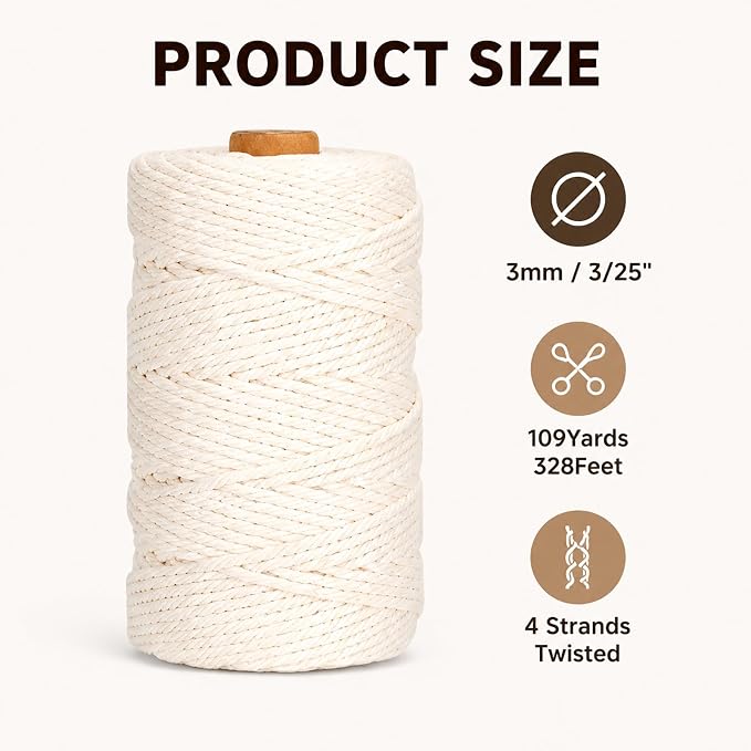 Natural Cotton Macrame Rope - 3mm x 109Yards (328Feet), 4 Strands Twisted Cotton Cord for Wall Hanging, Plant Hangers, Crafts, Gift Wrapping and Wedding Decorations, Beige