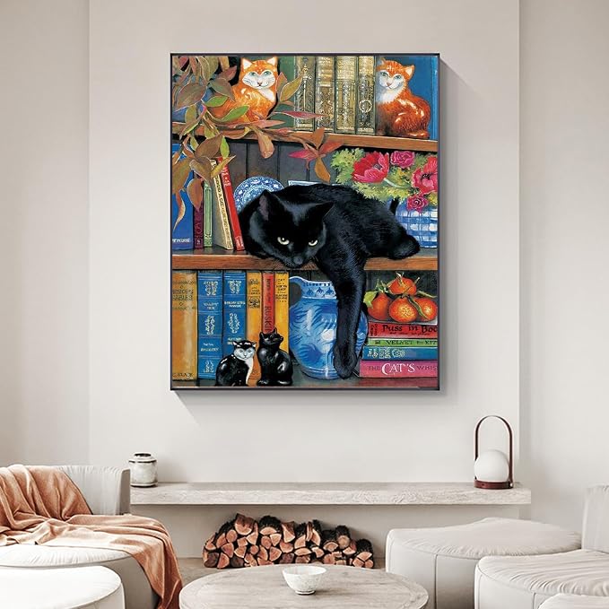 Yezavesu Black Cat Paint by Numbers Kit for Adults Without Frame 16x20 in | Bookshelf Paint by Numbers for Adults Beginner, Funny DIY Acrylic Painting, Stress Relief Craft Kits, Home Wall Decor Gift