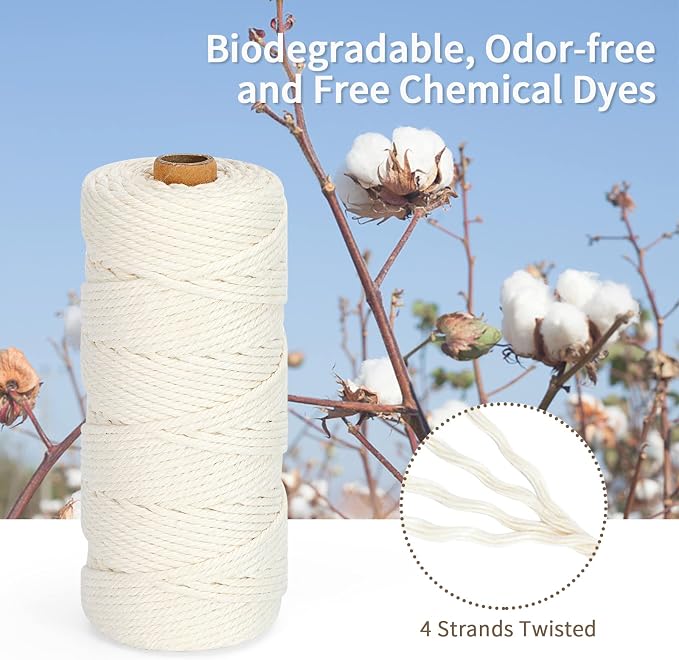 Macrame Cord 5mm x 109Yards (328Feet), Natural Cotton Macrame Rope - 4 Strands Twisted Macrame Cotton Cord for Wall Hanging, Plant Hangers, Crafts, Gift Wrapping and Wedding Decorations, White