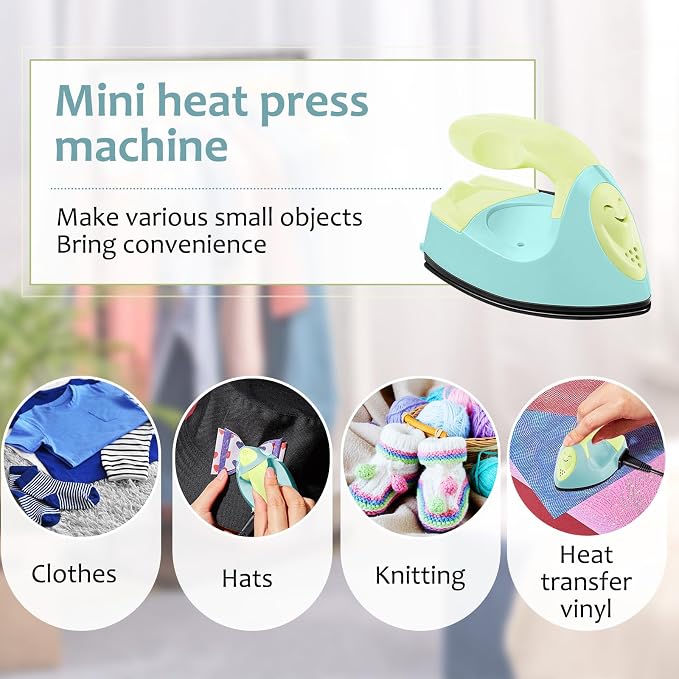 Honoson Mini Craft Iron Mini Heat Press Small Iron 3.93 x 2.36 x 2.76 In Portable Handy Tiny Flatiron with Charging Base Accessory for Fuse Bead Patch DIY Heat Transfer Vinyl(Light Yellow, Mint Green)