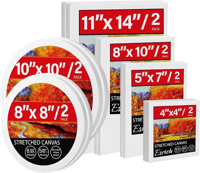 12 Pack Stretched Canvases for Painting, Multi Size Canvas 11x14, 8x10, 5x7, 4x4, Round Canvas with 8x8,10x10, Cotton Primed Paint Blank Canvas for Oil Paint, Acrylic Paint, for Beginners, Artists.