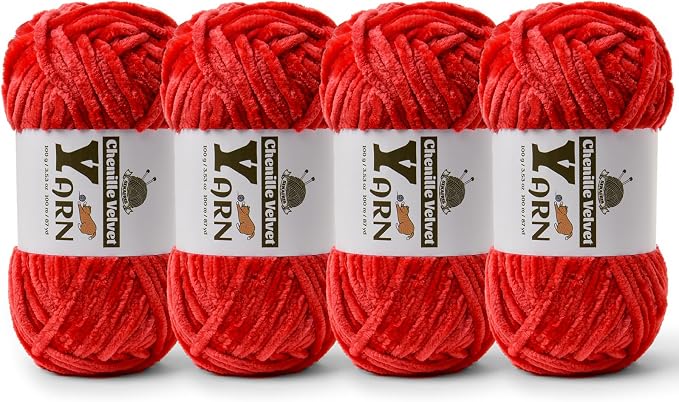 Chenille Crochet Red Yarn 4 Pack