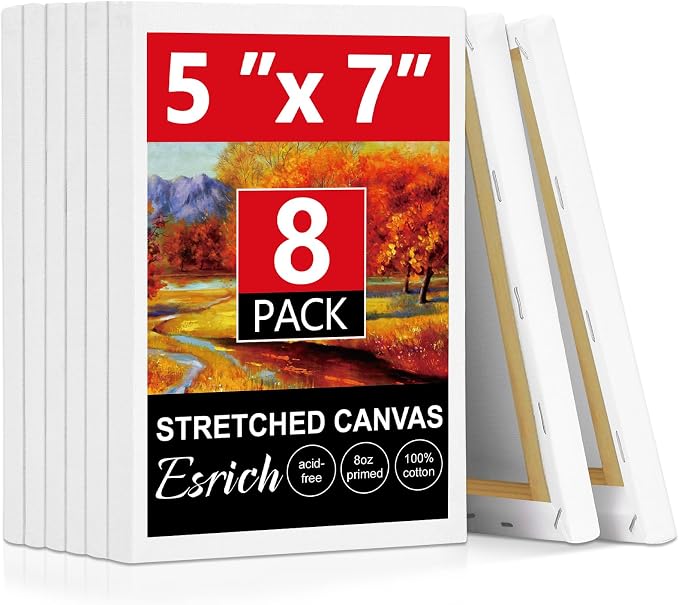 ESRICH Canvas for Painting 5x7, 8 Pack Stretched Small Canvases for Painting 2/5" Profile Primed Acid Free Painting Canvas for Kids for Oil Paint, Watercolor, Acrylic Paint, Gouache, Tempera.