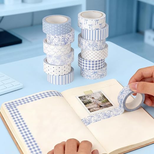 12 Rolls Floral Washi Tape Set,Blue and White,Floral | Watercolor Flowers Design for Scrapbook Journal DIY Craft School Supplies, 15 mm Vintage Decorative Masking Washi Tapes