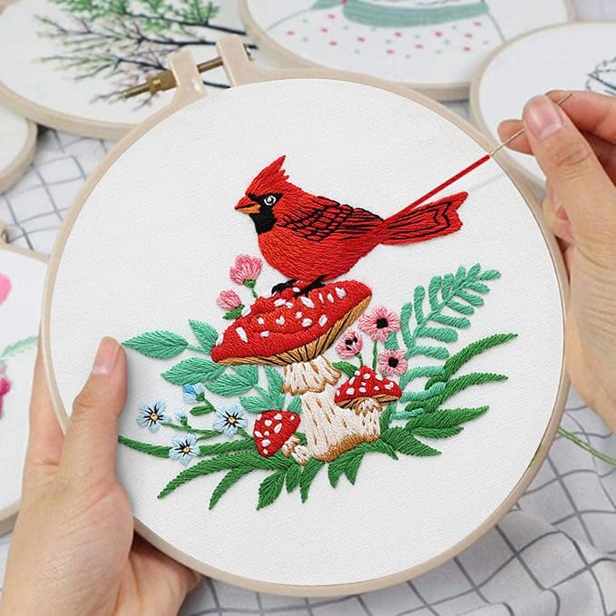 Louise Maelys Cardinal Mushroom Embroidery Kit for Beginners DIY Craft | DIY Needlepoint Kit with Pre-Printed Fabric, Hoop, Threads, Needles and Guide. Cross Stitch Kit for Adults with Nature Design