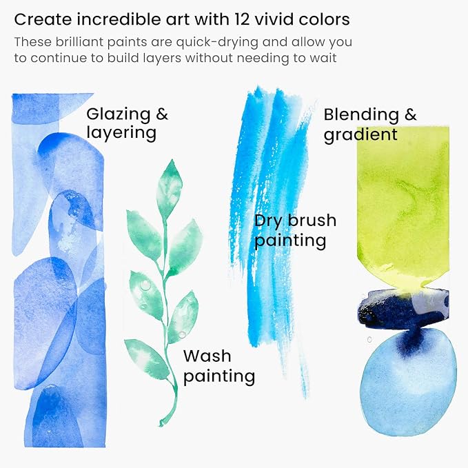 ARTEZA Watercolor Paint Set, 12 Colors, 12 ml / 0.4 fl oz, Highly Pigmented