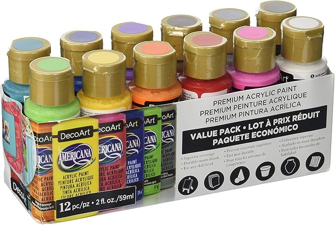 DecoArt Americana Acrylic Paint - 12 Ct Basic Assorted Acrylic Paints Value Pack - Medium Viscosity Water Based Multi Surface Paint Set for Arts and Crafts, Wall Art, Model Kit Paint + E-book
