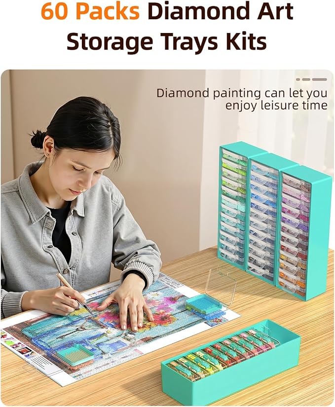 Redtwo 60 PCS Diamond Painting Storage Containers Trays, Blue | 3-in-1 Diamond Painting Trays with Lids, Detachable Trays, 5 Adjustabe Racks, Diamond Art Accessories, Diamond Art Storage