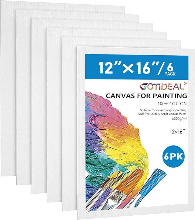 GOTIDEAL Canvases for Painting, 12x16 inch of 6 Pack, 100% Cotton | Professional Primed White Blank Flat Canvas Panels, Artist Canvas Boards for Acrylics Painting, Oil Watercolor Tempera