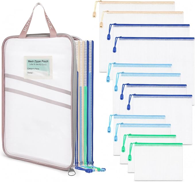 12 Pack PVC Mesh Zipper Pouches with 1 Organizer Bag, 13pcs
