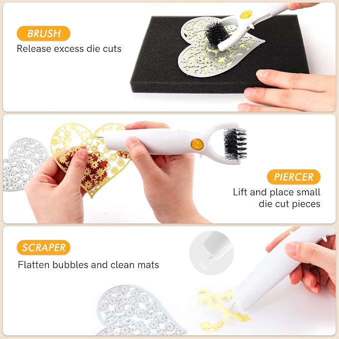 3 in 1 Multipurpose Craft Tool, Die Brush, 3-in-1 Weeding Tool,Brush,Scrape,Pierce,Embossing and Cutting Machine Accessory, Retractable Design,Die Brush and Foam Pad,Intricate Die Paper Remover Set