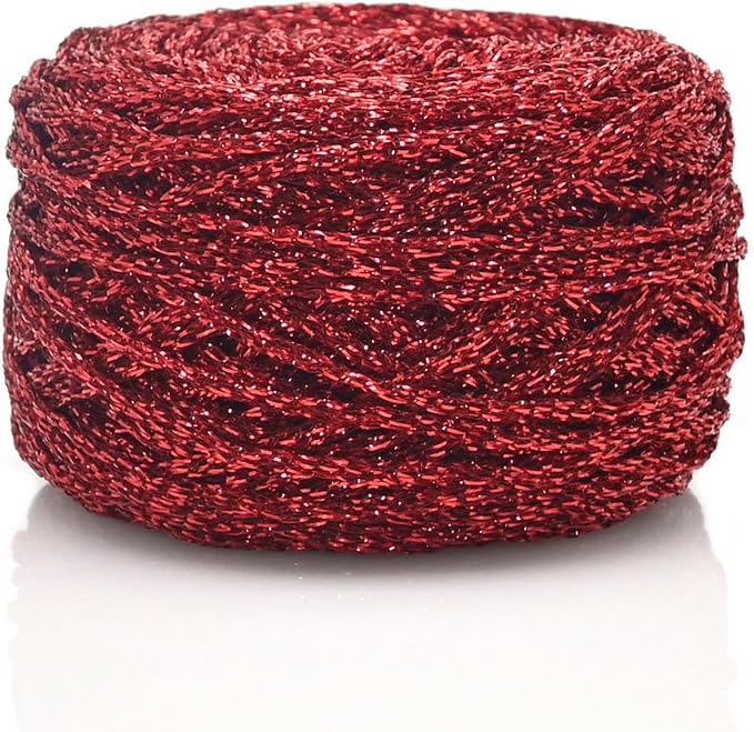 Metallic Glitter Yarn for Crochet & Knitting, Fine 2 Light Weight Worsted for Crochet Knitting, 35g 1.23oz, 120 Yards Soft Craft Sparkle Yarn (Red)