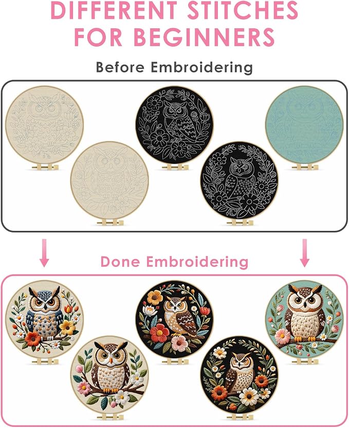 TINDTOP 5 Pack Embroidery Kit for Adult, Embroidery DIY Starter Kit, with Stamped Patterns, Hoop, Tools, Colorful Threads with Needles, Instructions | with Stamped Patterns, Hoop, Tools, Colorful Threads with Needles, Instructions