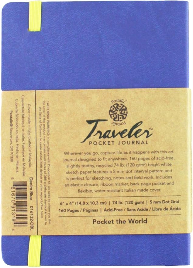 Pentalic Art Acid Free Dot Grid Travelers Sketch Book, 4 x 6-inch, Denim Blue, Denium Blue
