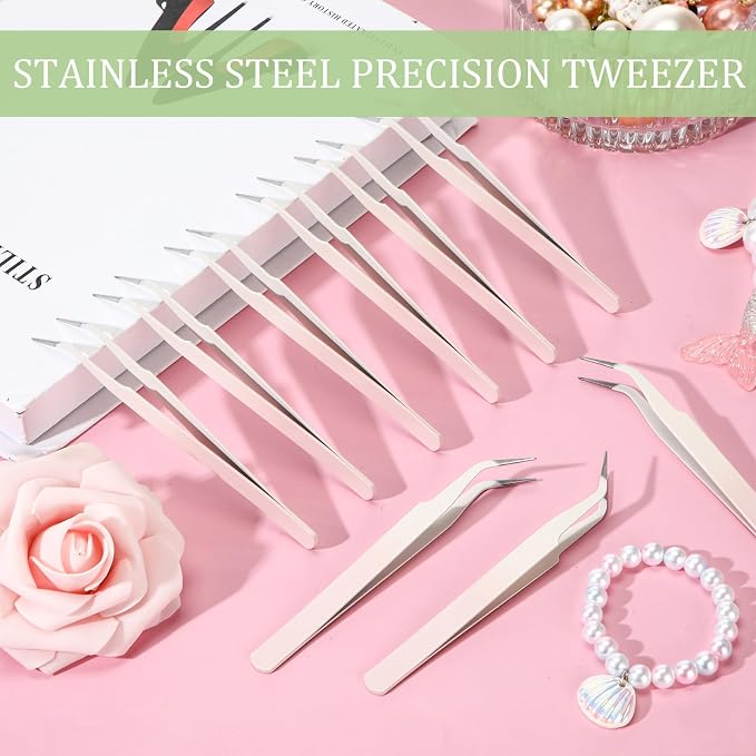 Honoson 9 Pcs Curved Pointed Craft Tweezers Precision Tweezer,Gradient Pink