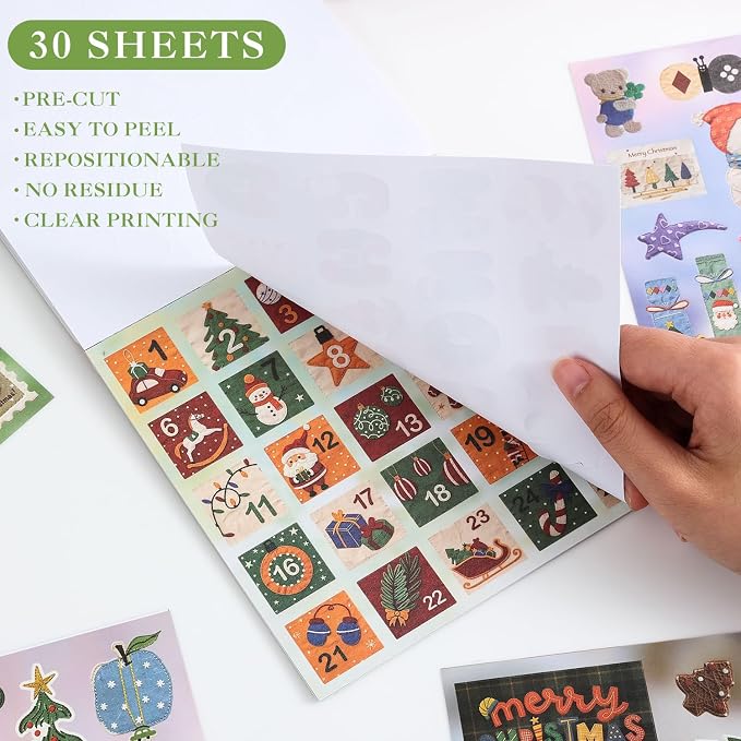 Washi Stickers Set Vintage Aesthetic Sticker Book for Journaling, DIY Decorative Paper Sticker Decals for Bullet Journal Art Scrapbooking Diary Card Craft Gift Album (Christmas Style)