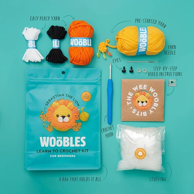 The Woobles Crochet Kit for Beginners (Sebastian the Lion) | As seen on Shark Tank, Kit includes: Easy Peasy Yarn, pre-started piece, hook, safety eyes, stuffing, video tutorials