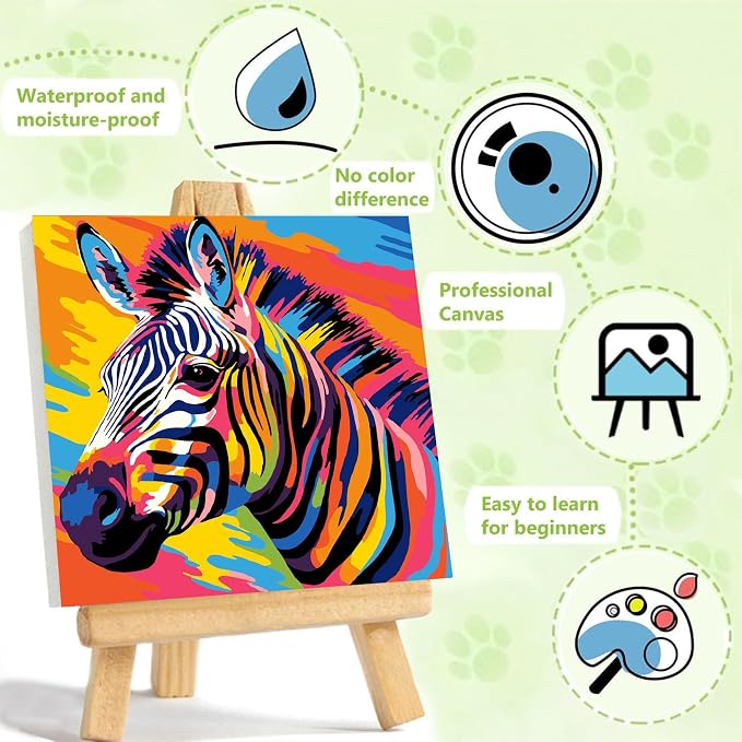 ajepon Zebra Paint by Numbers Kit for Kids with Frame - Zebra Paint by Number for Kids, Kid Painting by Number Kits Age 6-8 for Home Wall Decor 8X8inch (with Wooden Easel)