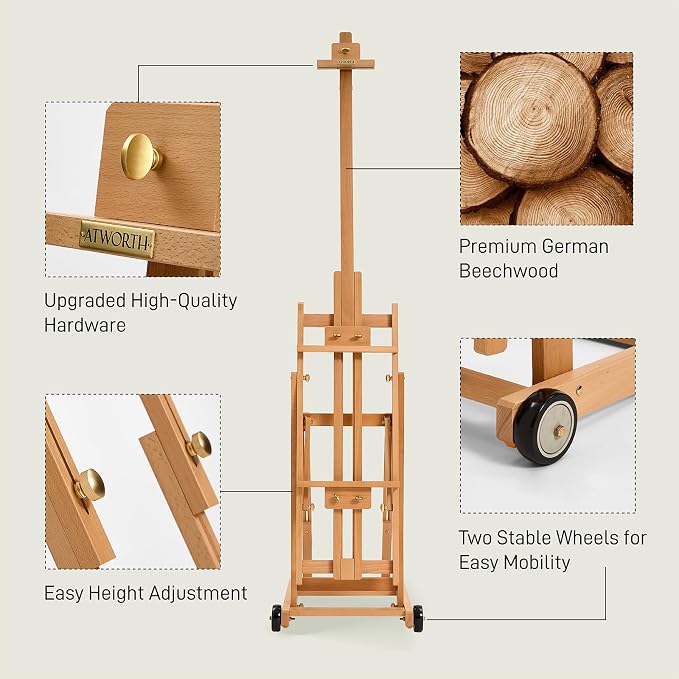 Artist Easel for Painting: Solid Beech Wood Art Easel Stand with Upgrade Hardware-H Frame Hold 2 Canvases up to 78"- Floor Painting Easel for Adults with Wheels