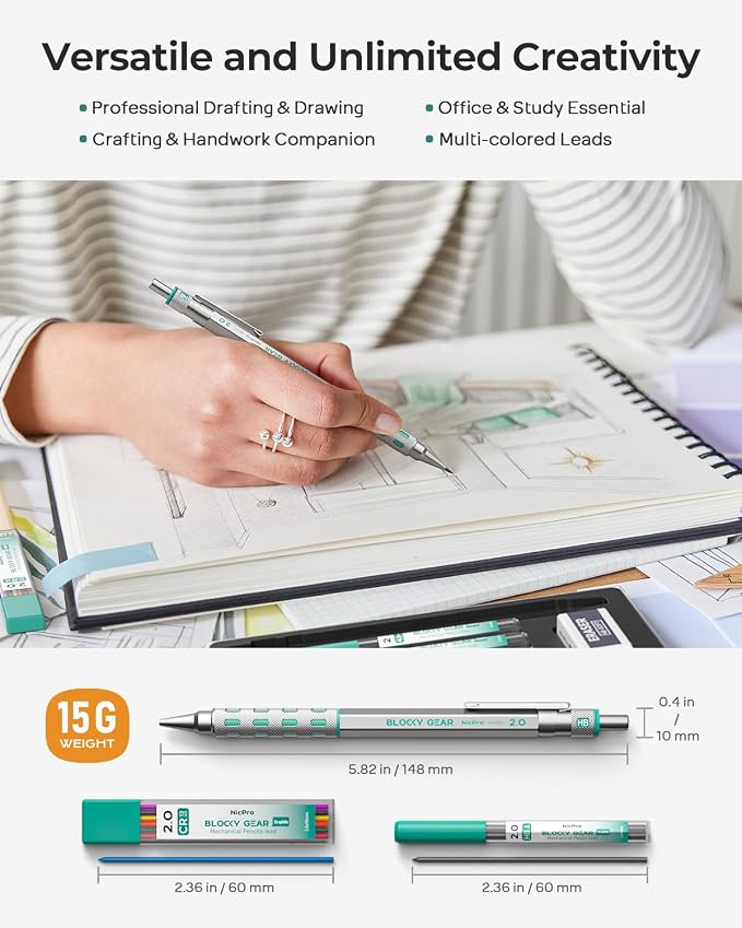 Nicpro 3 Pack Blocky Gear 2.0 mm Metal Mechanical Pencils Set with Case