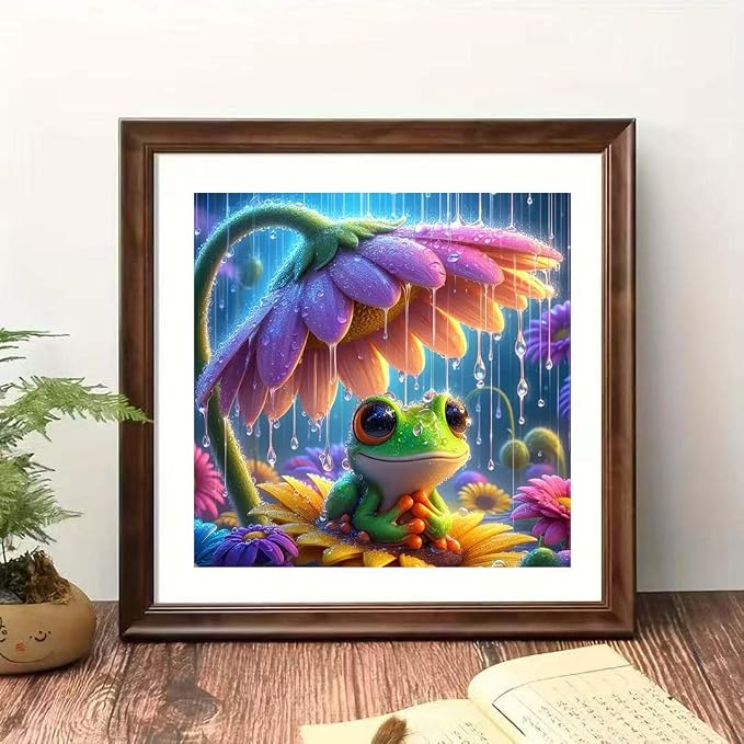 OJTOYART Frog Diamond Art Kits for Adults, 5D Animals Round Full Drill Diamond Painting, DIY Gem Art Craft with Flower Theme, Home Wall Decor, 13.79 x 13.79 Inch