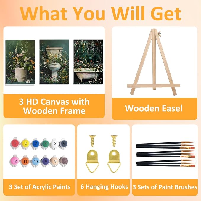Mandun Bathroom Paint by Numbers Kit for Adults, 3 Pack, 7.8x11.8 inch | DIY Painting Kits Crafts for Adults, Relieve Stress, Frame Canvas, Wooden Easel, Gift Box, Home Wall Decor