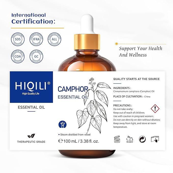 HIQILI Camphor Essential Oil for Aromatherapy, Diffuser, Massage
