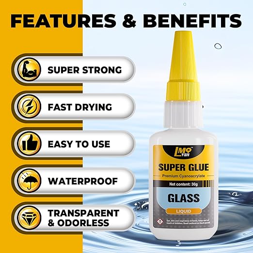 Glass Super Glue Clear 30 Gram, Thin Superglue Repair Crafts Acrylic Plexiglass Glasses Bowls Heavy Duty, All Purpose Instant Waterproof Cyanoacrylate Adhesive Bonding Between Glass and Others