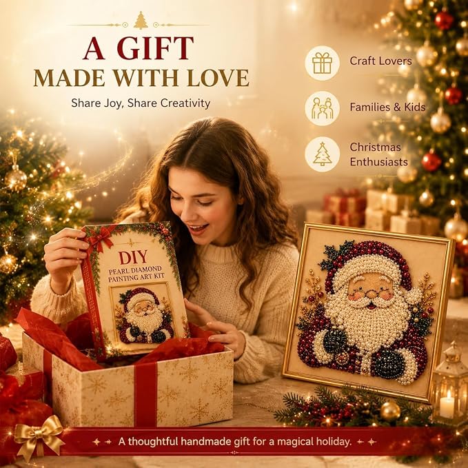 DIY Christmas Pearl Diamond Art Painting Art Kit with Frame, Cute 3D Christmas Pearl Beads Art Craft for Adults Beginner, Holiday Christmas Wall Decor, Healing Stress-Relieving