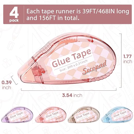 Secopad 0.3IN X 39FT Scrapbook Tape, 4 Pack Glue Tape, Light-Color Shell | Quick Adhesive, Photo Safe, Double Sided Tape for Crafts, Scrapbooking Junk Journaling Supplies, For School Office Teachers
