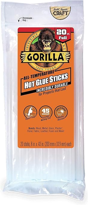 Gorilla Hot Glue Sticks, Clear, Full Size, 8" x 0.43", 20 Count