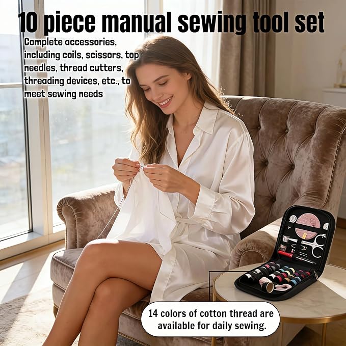 Portable Sewing Kit with 14 Threads & Scissors, Mini Travel Sewing Kit for Beginners & Adults, Emergency Sewing Set for Travelers, Gifts for Grandma Mom Friends, Compact Sewing Accessories (Black)