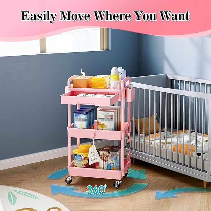 SUNALLY 3 Tier Rolling Cart with Drawer, Craft Storage Cart Organizer, Pink
