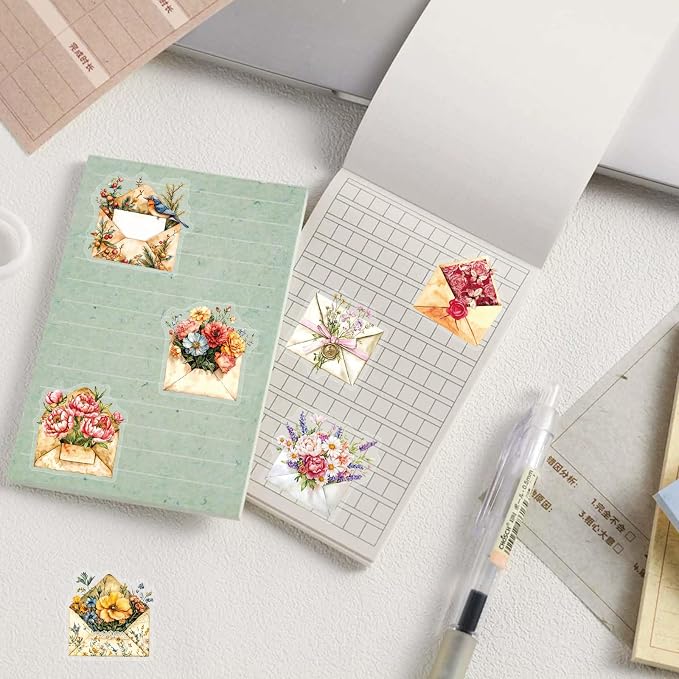 50PCS Retro Envelope Stickers for Scrapbooking Journaling Junk Journal Scrapbook Supplies - Self-Adhesive Scrapbooking Stickers Supplies Journal Stuffers for Adult Card Making Letters DIY (Envelope)