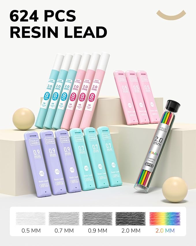 Four Candies 36PCS Mechanical Pencil Set with 624 Lead Refills (White)