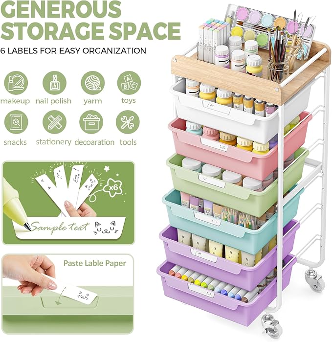 SYKIARIOL Utility Storage Cart with Ice Cream Color Drawer for Classroom | Rolling Cart with Labeling 6 Drawers, for Kids Room, Dorm, School, Storage Study Arts Craft Sewing Supplies Organizers