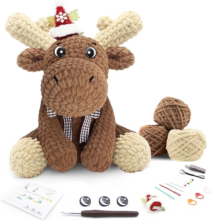 CODGP Crochet Kit for Beginners, 11.8-Inch Elk Crochet Kit for Adults | Crochet Starter Kit Gift, Animal Amigurumi Kit, Durable Chenille Yarn, Full Supplies, Step-by-Step Videos, for Crochet Lovers