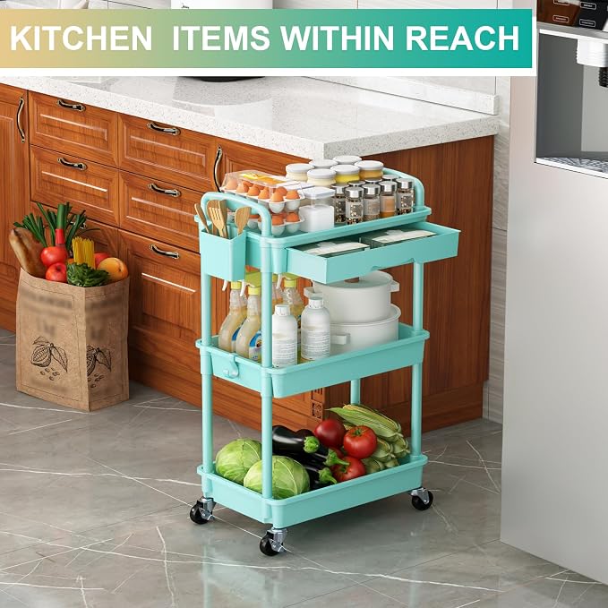Goovilla 3 Tier Rolling Utility Cart Organizer with Removable Drawer, Blue | Stable and Sturdy Rolling Storage Carts with 2 Lockable Wheels for Bathroom, Kitchen, Snack, Craft, Makeup, Baby Essentials
