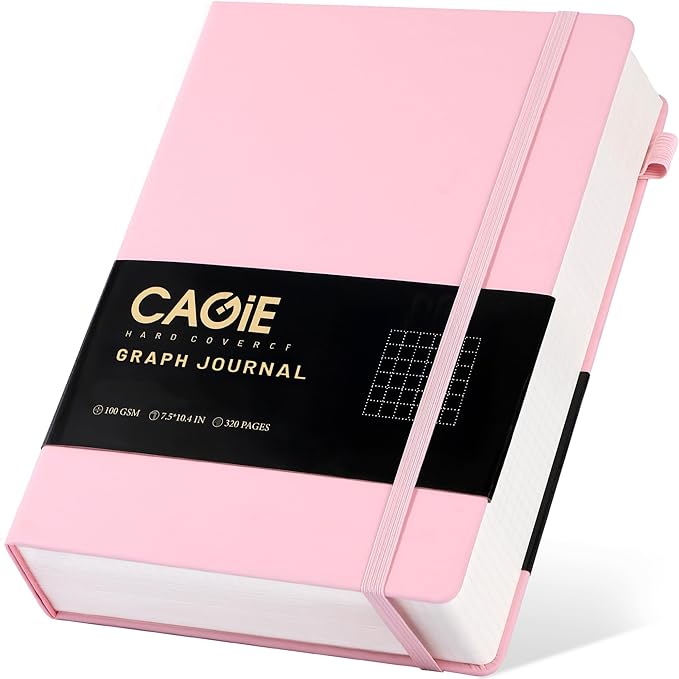 CAGIE Graph Notebook 320 Pages 100 GSM Paper Graphing Grid Journal B5 Hardcover Leather Quad Ruled Notebooks for Engineering, Math, Work, Pink