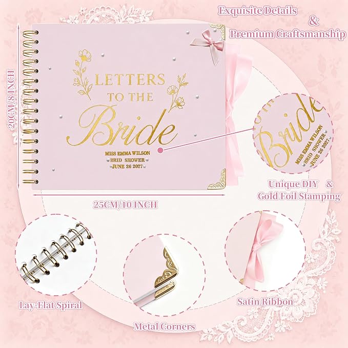 Ratutodax Letters to The Bride Scrapbook Kit,10"x8" DIY Wedding Guest Book | Blush Pink;Lay-flat gold coil design;50 blank pages of 180gsm;Fits 5" x 7" photos;160+ accessories;Bridal Shower Gift