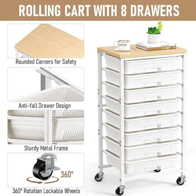 caktraie 8-Drawers Rolling Cart, Craft Storage Utility Cart, Beige White
