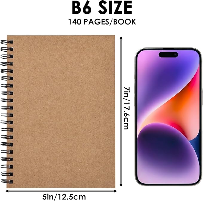 EOOUT 3 Pack Blank Spiral Notebooks B6 Sketchbooks, 140 Pages / 70 Sheets, Unlined Journals 5 x 7in 100GSM for Drawing, Art, Students, Office (Kraft)
