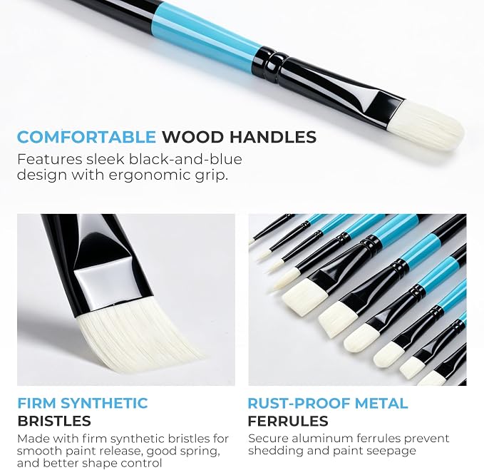 Nicpro 12pcs Artist Paint Brush Set, Paint Brushes for Acrylic Painting | Firm Synthetic Bristle Paintbrushes with Flat Round Filbert Angle Bright Liner for Oil Gouache, Tempera, Craft, Model, Fabric